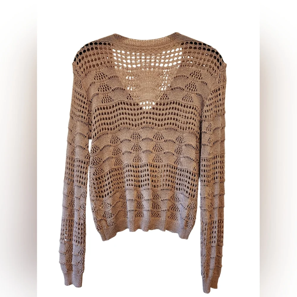 ​Boho Crochet Open Knit Cardigan with Pearl Buttons – Taupe Tan – Size S - Picture 2 of 4